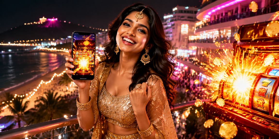 Indian player enjoying slot game on mobile with vibrant lehenga dress