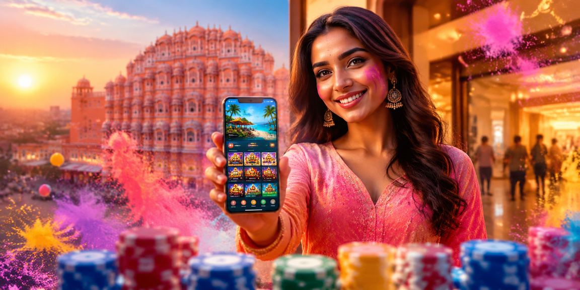 Hawa Mahal backdrop with player enjoying casino app during Holi festival